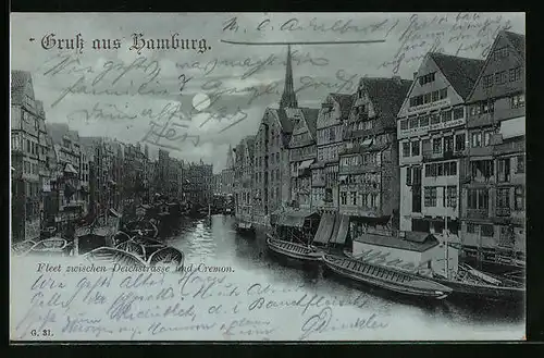 Mondschein-AK Alt-Hamburg, Fleet zwischen Deichstrasse und Cremon