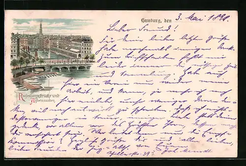 Lithographie Hamburg, Reesendammbrücke und Alsterarcaden