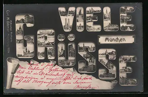 AK München, Stadtansichten im Schriftzug Viele Grüsse