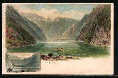 Lithographie Königssee, Ruderboot auf dem See, Obersee