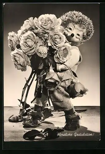 AK Mecki gratuliert mit einem Rosenstrauss, Herzliche Gratulation!