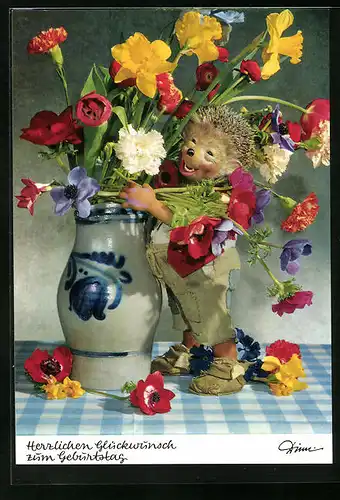 AK Mecki arrangiert die Blumen in der Vase, Herzlichen Glückwunsch zum Geburtstag!