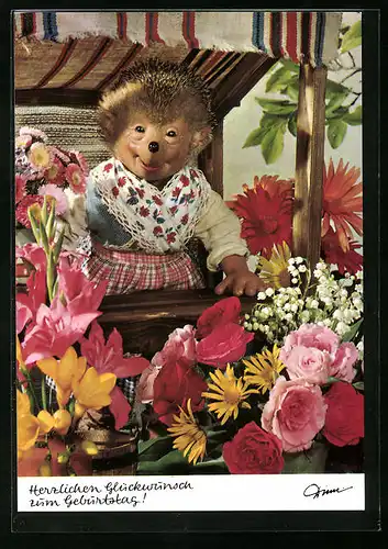 AK Meckis Frau verkauft Blumen auf dem Markt, Herzlichen Glückwunsch zum Geburtstag!