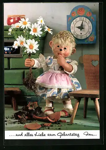 AK Meckis Frau hält Blumen in der Hand, ...und alles Liebe zum Geburtstag!