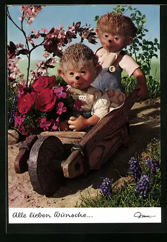 AK Mecki fährt mit der Schubkarre im Karten, Alle lieben Wünsche...