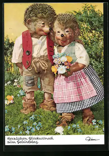 AK Mecki steht mit seiner Frau im Garten, Herzlichen Glückwunsch zum Geburtstag!