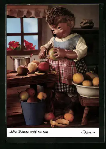 AK Meckis Frau steht in der Küche und schält Äpfel