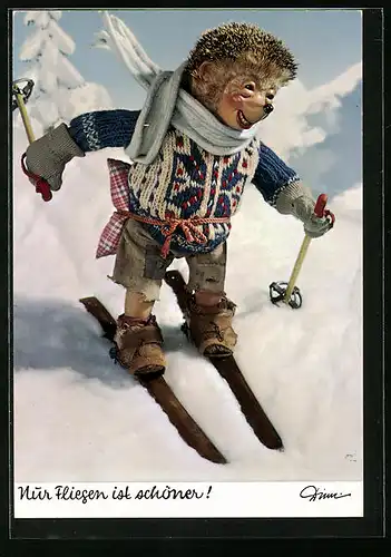AK Mecki fährt auf Skiern einen Abhang hinab