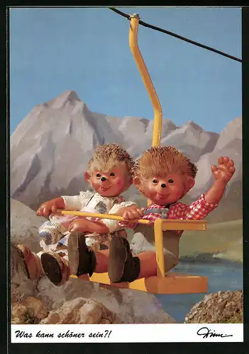 AK Meckis Kinder fahren mit der Seilbahn im Gebirge