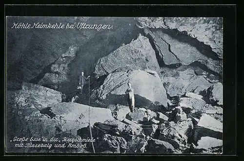 AK Uftrungen / Harz, Höhle Heimkehle, Grosse Esse in der Bergschmiede mit Blasebalg und Amboss