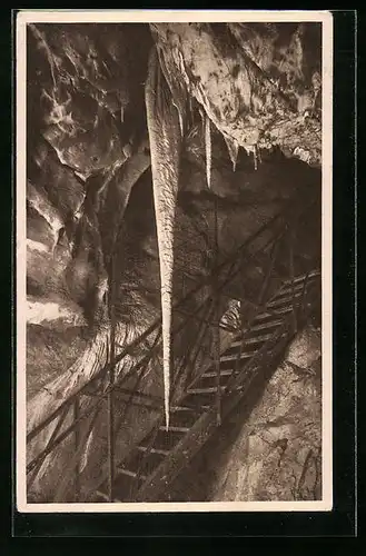 AK Blansko, Riesenstalaktit Der Wächter vor dem Eingang zum Dom, Punkvahöhle