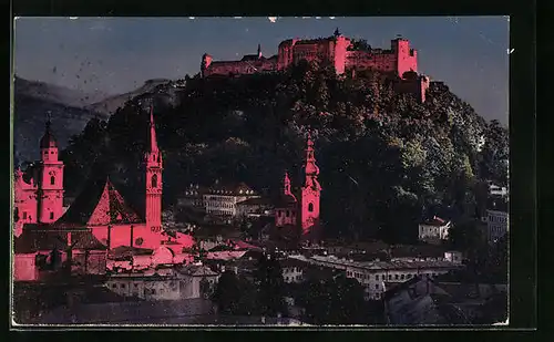 AK Salzburg, Festung Hohensalzburg im Scheinwerferlicht