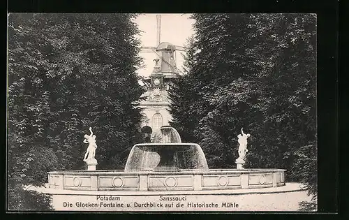 AK Potsdam, Glocken-Fontaine und Durchblick auf die Historische Mühle in Sanssouci