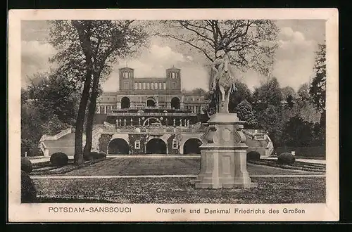 AK Potsdam, Orangerie und Denkmal Friedrich des Grossen im Park von Schloss Sanssouci