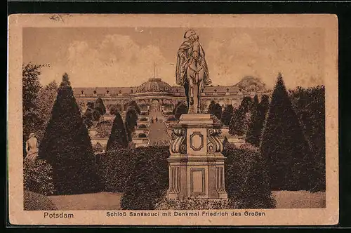AK Potsdam, Schloss Sanssouci mit Denkmal Friedrich des Grossen