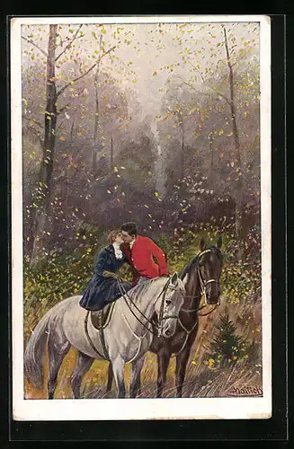 Künstler-AK Alfred Mailick: Paar küsst sich auf dem Heimritt