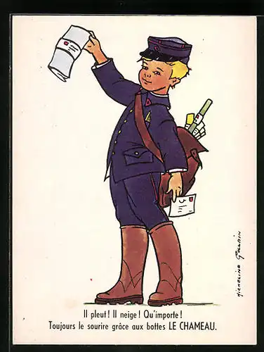 AK Junger Postbote trägt braune Stiefel, Reklame für Stiefel von Le Chameau