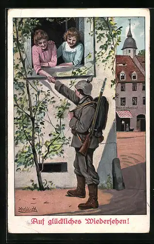 Künstler-AK Alfred Mailick: Soldat verabschiedet sich von seiner Liebsten