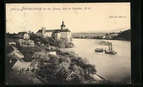 AK Persenbeug, Ortsansicht mit Schloss Persenbeug, Dampfer auf der Donau