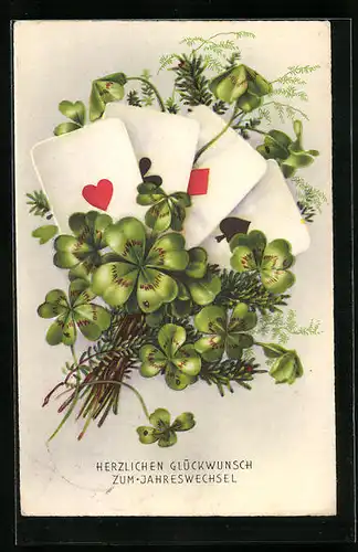 AK Spielkarten in einem Kleeblätterstrauss, Glückwunsch zum Jahreswechsel
