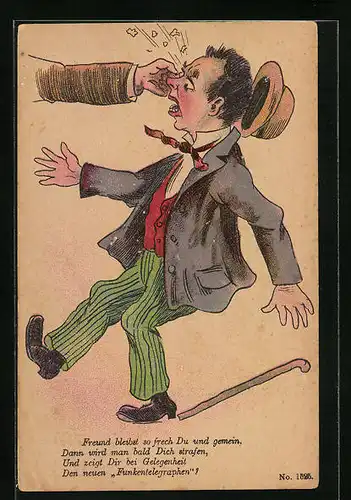 AK Freund bleibst si frech Du und gemein..., Hand zieht einem Mann am Augenlid, Hut und Gehstock fallen zu Boden