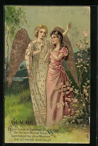 Präge-AK Allegorie Glaube, Engel mit betendem Fräulein