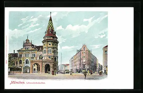 AK München, Löwenbräu-Keller, Aussenansicht mit Passanten