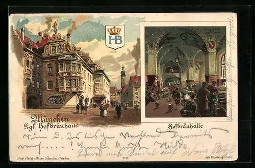 Lithographie Münchner Hofbräuhaus, Aussenansicht, Hofbräuhalle