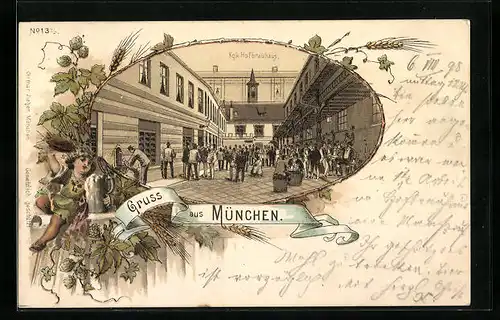 Lithographie Münchner Hofbräuhaus, Gäste im Hof, Münchner Kindl mit Bierkrug