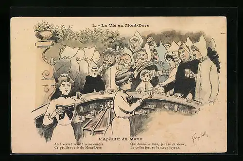 Künstler-AK La Vie eu Mont-Dore, l'Apéritif du Matin, Kurgäste am Ausschank
