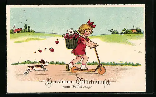 AK Mädchen fährt Roller, Hund rennt hinterher, Geburtstags-Glückwunsch