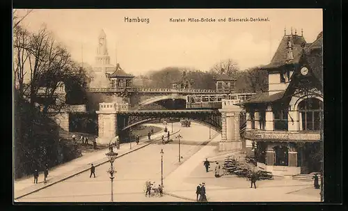 AK Hamburg-St.Pauli, Kersten-Miles-Brücke und Bismarck-Denkmal