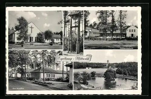 AK Espelkamp-Mittwald, Martinskirche, Ostlandschule, Waldbad & Stadion