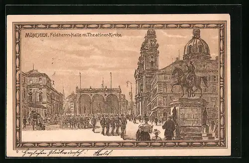 Lithographie München, Feldherrn-Halle mit Theatiner-Kirche, Denkmal und Soldaten