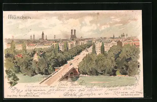 Lithographie München, Teilansicht mit Strassenpartie
