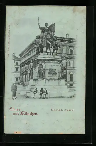 Mondschein-AK München, Partie am Ludwig I. Denkmal