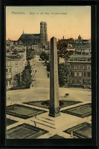 AK München, Obelisk auf dem Karolinenplatz, Blick in die Max Josephstrasse