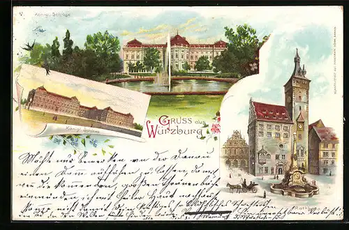 Lithographie Würzburg, Königliches Schloss mit Fontäne, Rathaus