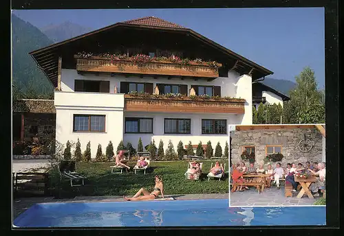 AK Dorf Tirol bie Meran, Pension Beaten-Hof mit Schwimmbecken, Lingstrasse 22, Terrasse