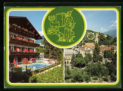 AK Dorf Tirol bei Meran, Hotel Hubertus mit Schwimmbecken, Ortspartie