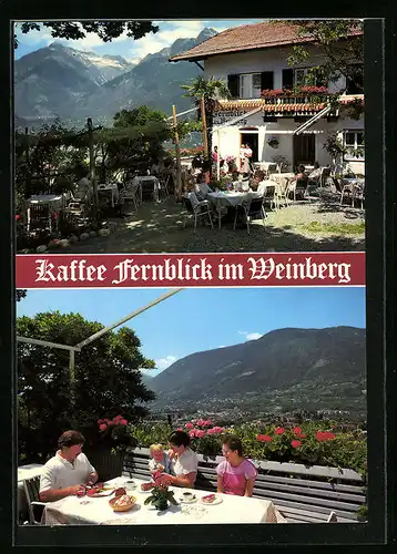 AK Dorf Tirol, Cafe Fernblick im Weinberg, Tirolersteig 13, Familie am Tisch und Teilansicht