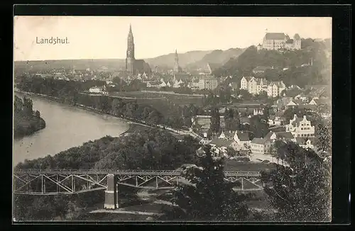 AK Landshut, Teilansicht mit Kirche und Brücke