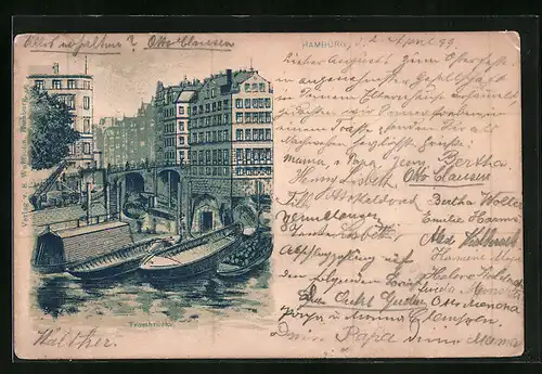 Lithographie Hamburg, Trostbrücke mit Booten