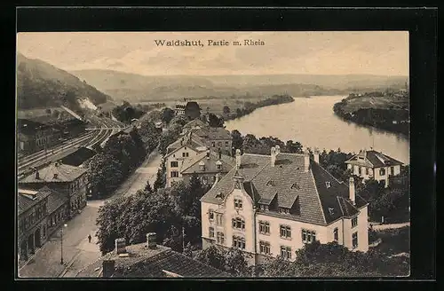 AK Waldshut, Flusspartie vom Rhein, Bahnhof aus der Vogelschau