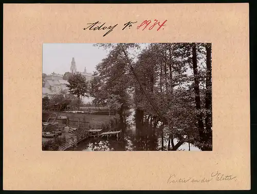 Fotografie Brück & Sohn Meissen, Ansicht Adorf i. V., Grundstücke an der Elster mit Blick zum Ort