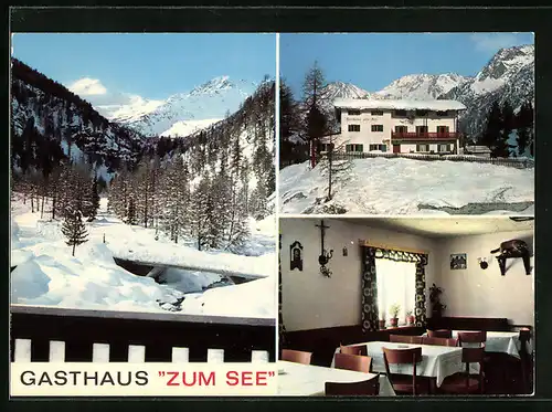 AK Hintermartell /Bozen, Gasthaus Zum See im Schnee, Innenansicht, Ortspartie