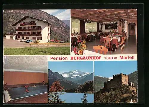 AK Martell /Vinschgau, Pension Burgaunhof, Innenansichten Gastraum und Schwimmbad