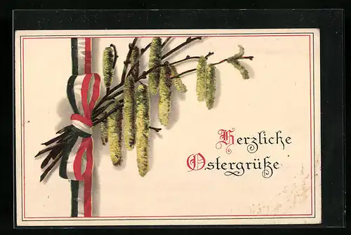 Künstler-AK Herzliche Ostergrüsse mit Weidenkätzchenzweig