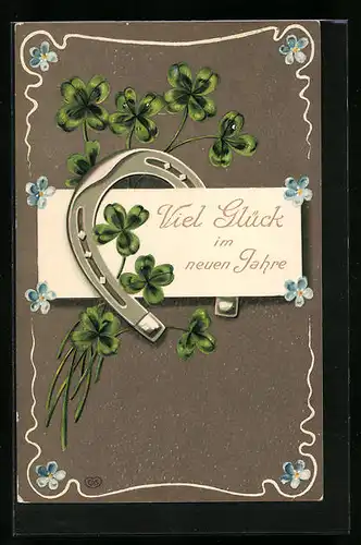 Präge-AK Viel Glück im neuen Jahre mit Kleeblatt-Dekor und Hufeisen