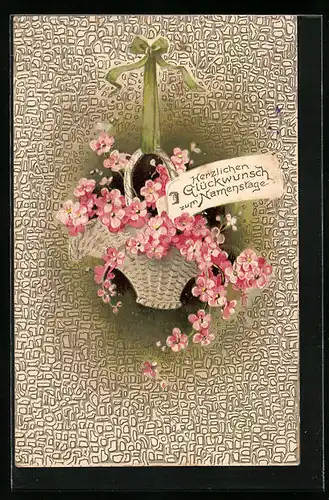 Präge-AK Glückwünsche zum Namenstag mit Korb voller Blumen